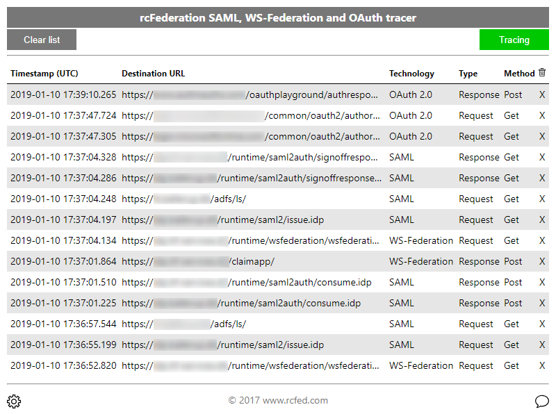 Main window of extension showing all intercepted messages